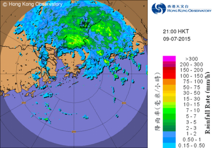 二零一五年七月九日下午9時的雷達回波圖像，蓮花最接近本港的一刻。當時蓮花已減弱為熱帶風暴，其中心集結在天文台總部以北約50公里。與蓮花相關的雨帶主要集中在其環流的北面。