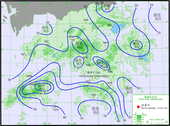 二零一五年七月八日至十日的雨量分佈(等雨量線單位為毫米)。