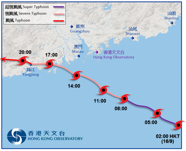 山竹接近香港時的路徑圖