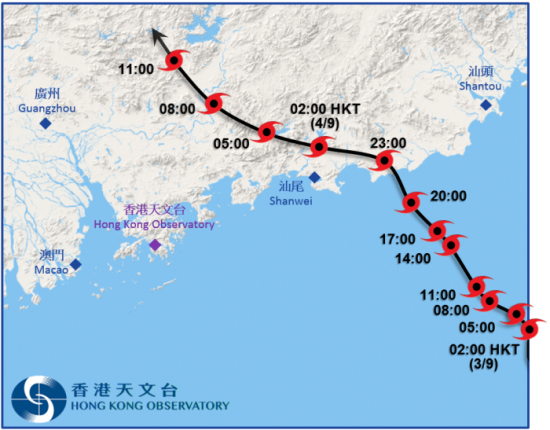 瑪娃接近香港時的暫定路徑圖