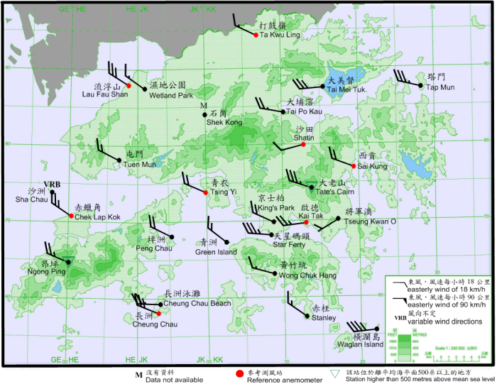 二零一七年六月十二日晚上11時40分香港各站錄得的十分鐘平均風向和風速。當時九龍天星碼頭及橫瀾島的風力達到烈風程度