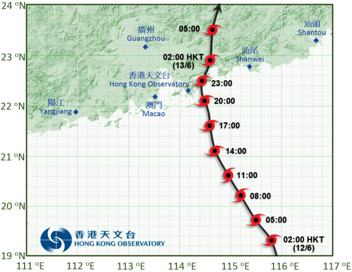 苗柏接近香港時的暫定路徑圖。