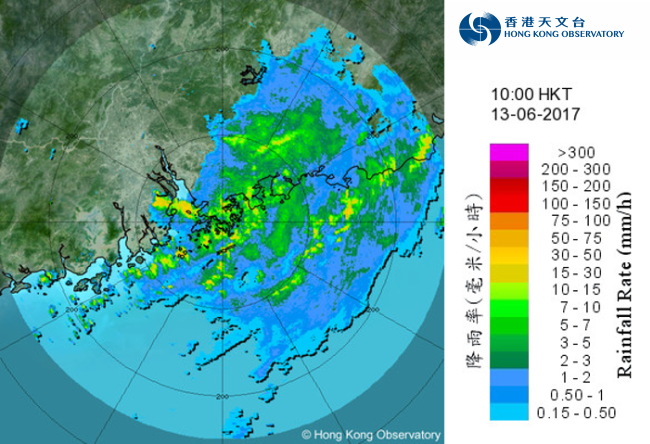 二零一七年六月十三日早上10時的雷達回波圖像。苗柏為香港帶來暴雨。