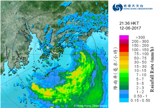 二零一七年六月十二日晚上9時36分的雷達回波圖像，當時苗柏最接近香港。