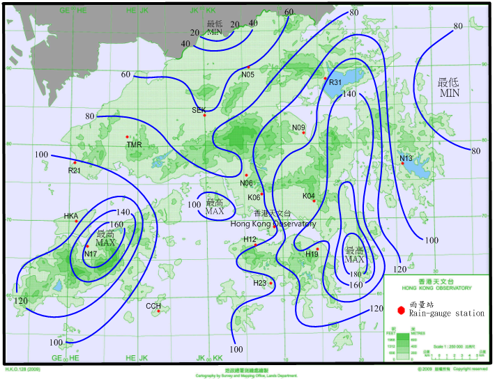 二零一九年七月二日至三日的雨量分佈(等雨量線單位為毫米)。