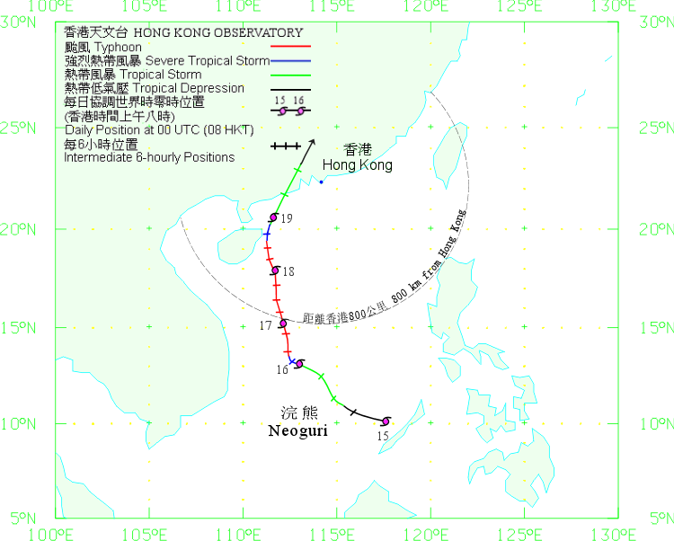 颱風浣熊（0801）在二零零八年四月十五日至二十日的路徑圖
