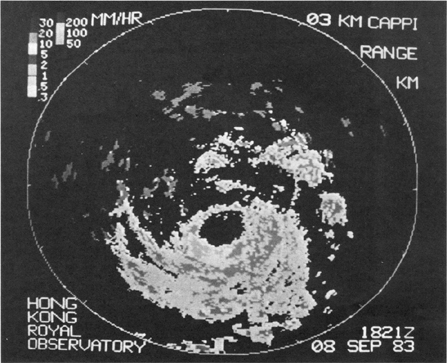 颱風愛倫於一九八三年九月九日上午2時21分的雷達圖像