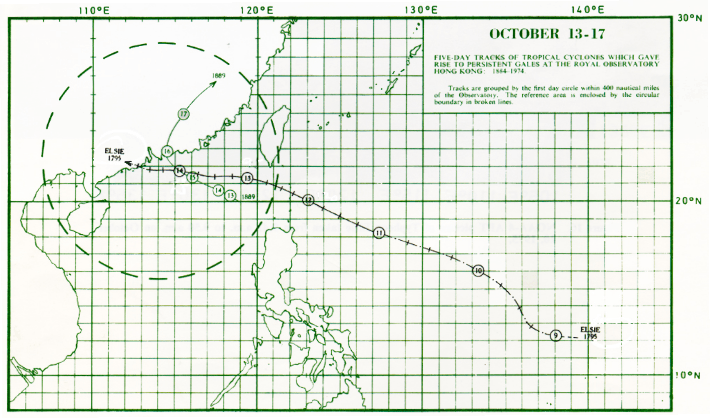 颱風愛茜的路徑圖：一九七五年十月九日至十四日
