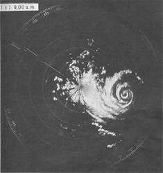 颱風荷貝於一九七九年八月二日清晨的雷達圖像 (範圍標記間隔為40英里)
