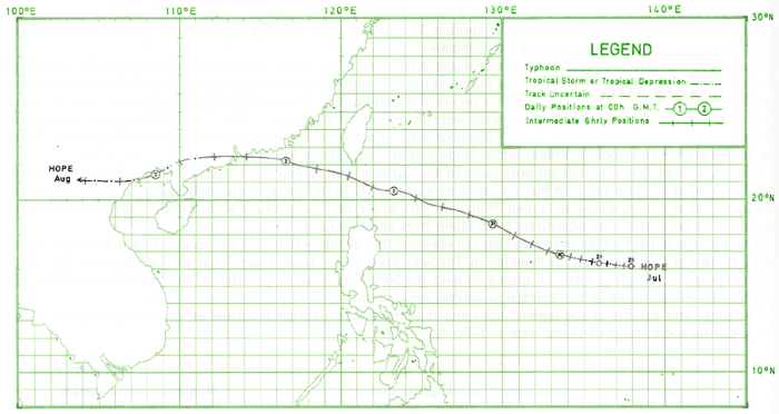 颱風荷貝的路徑圖： 一九七九年七月二十八日至八月三日