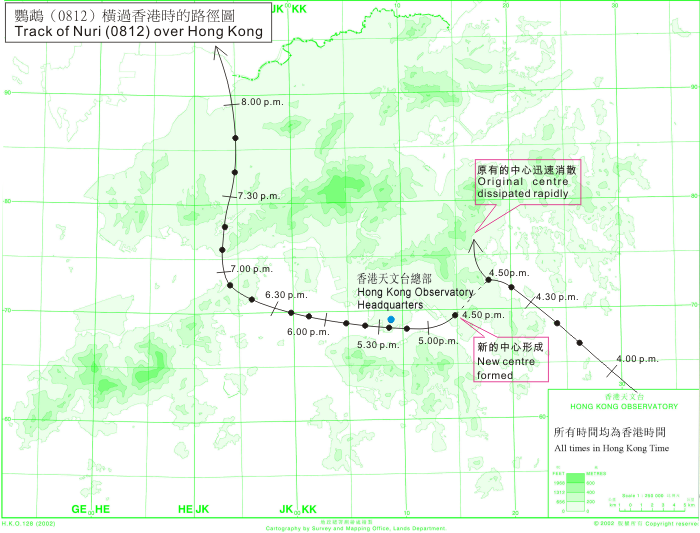 颱風鸚鵡（0812）接近香港時的路徑圖。