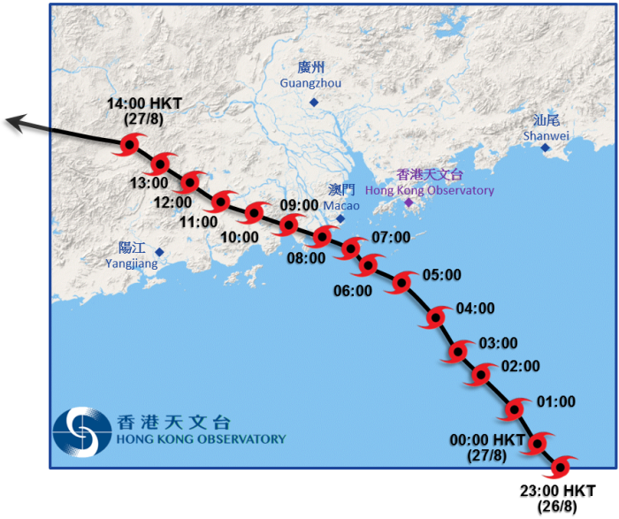 帕卡接近香港時的暫定路徑圖。