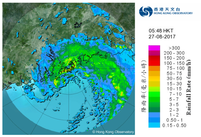 二零一七年八月二十七日上午5時48分的雷達回波圖像，當時帕卡北面的強雨帶正為本港帶來狂風大雨。
