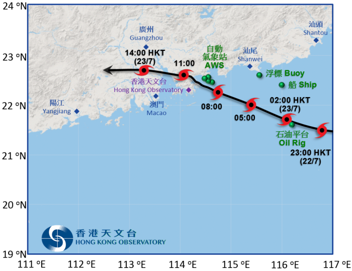 洛克接近香港時的暫定路徑圖。綠點顯示在洛克附近的烈風報告。
