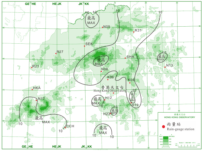 二零一四年九月七日至八日的雨量分布(等雨量线单位为毫米)。