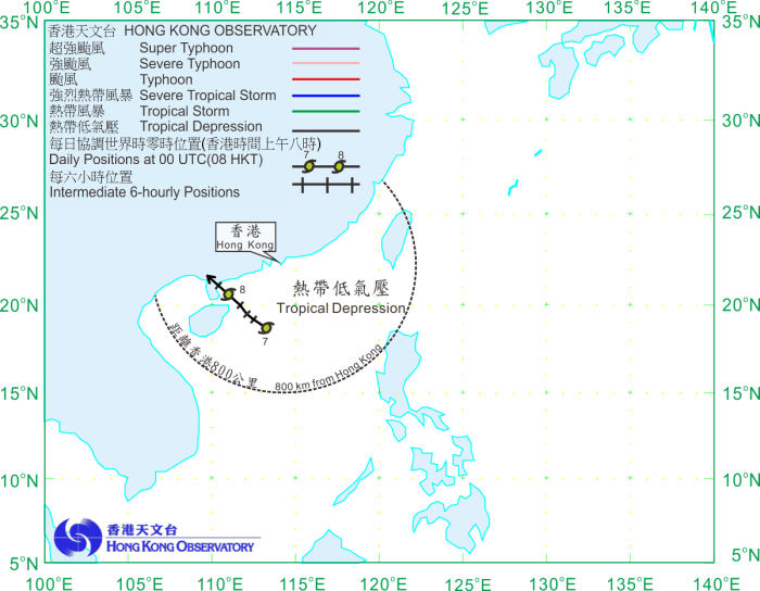 二零一四年九月七日至八日热带低气压的路径图。