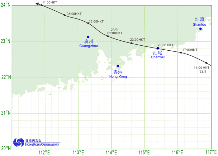天兔 (1319）接近香港時的路徑圖。