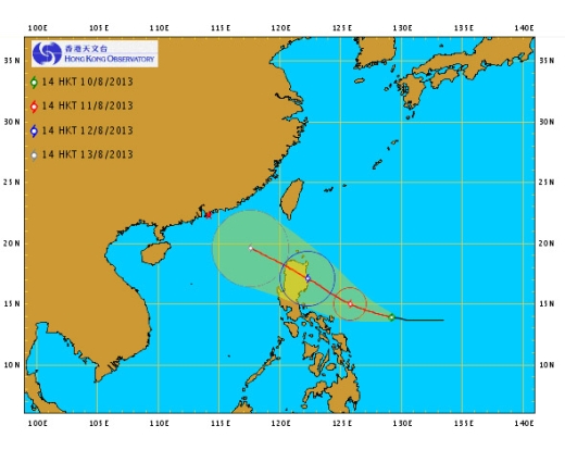 圖一 2013年8月10日下午2時尤特的預測路徑