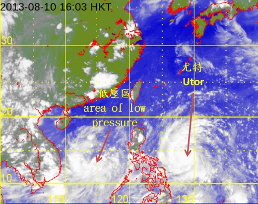 圖二  2013年8月10日下午4時的衛星雲圖