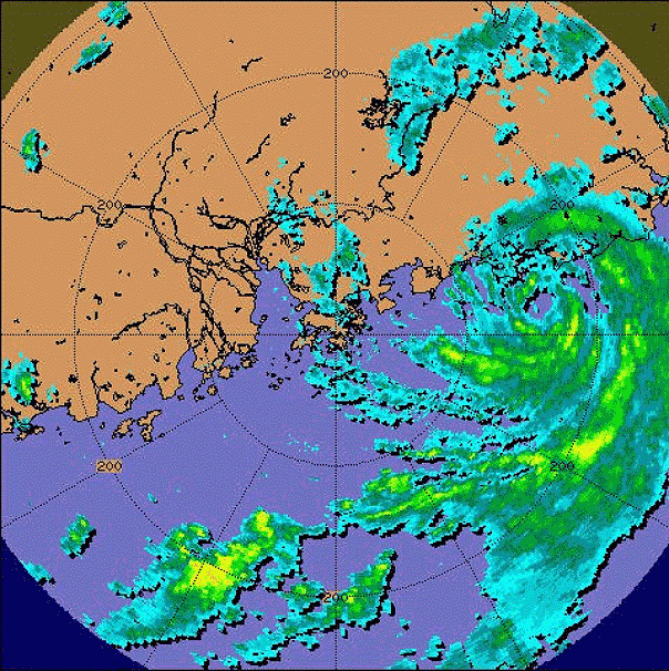 Radar echoes captured at 4 a.m. on 5 August 2002.  At that time, the centre of Kammuri was located at about 150 km east of Hong Kong.