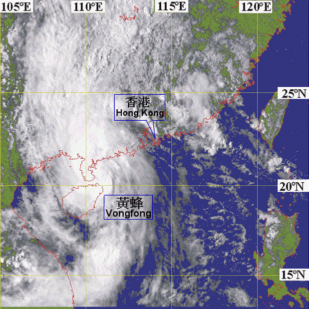 Visible imagery at around 3.30 p.m. on 19 August 2002 showing that Vongfong was near Leizhou. (The cloud imagery was originally captured by the Geostationary Meteorological Satellite (GMS-5) of Japan Meteorological Agency)