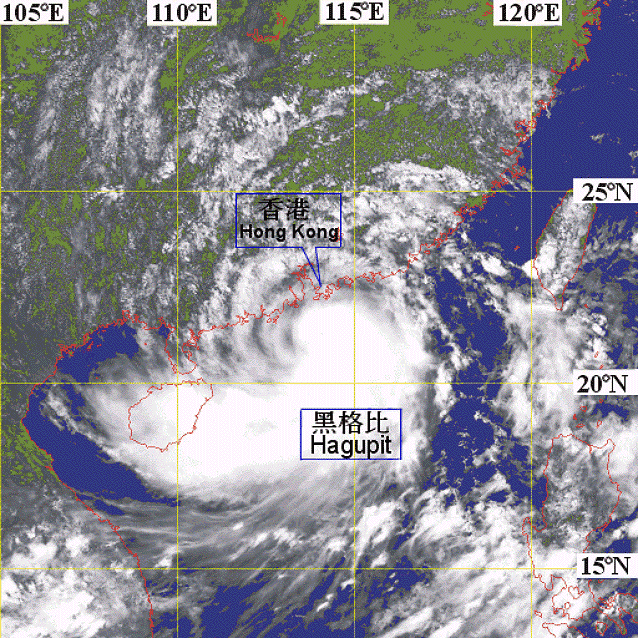 Visible imagery at around 1.30 p.m. on 11 September 2002 when Hagupit was a severe tropical storm with a maximum intensity of about 110 km/h.  (The cloud imagery was originally captured by the Geostationary Meteorological Satellite (GMS-5) of Japan Meteorological Agency)