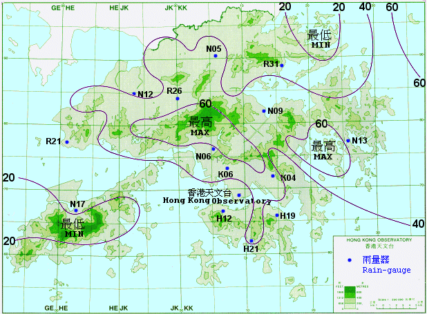 Rainfall distribution on 22-24 July 2003 (isohyets are in millimetres).