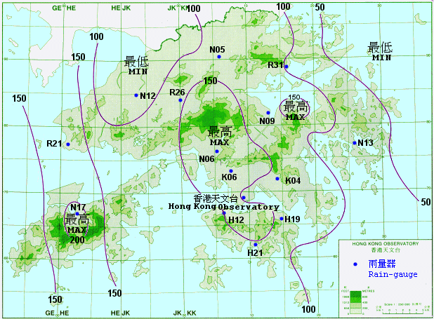 Rainfall distribution on 23 - 25 August 2003 (isohyets are in millimetres).