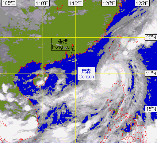 Infra-red imagery at around
                  7.30 p.m. on 8 June 2004 depicting the eye of Typhoon Conson.