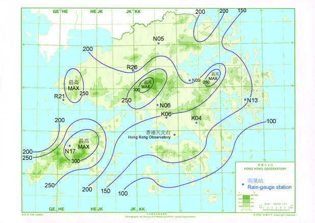 Rainfall distribution on 25-30 August 2004 (isohyets are in millimetres).