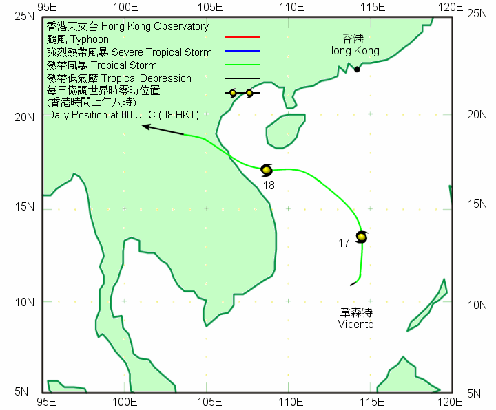Track of Vicente (0516) on 16 - 19 September 2005.