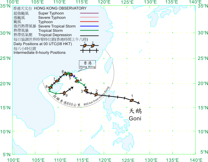 Track of Goni (0907) on 1 - 9 August 2009.