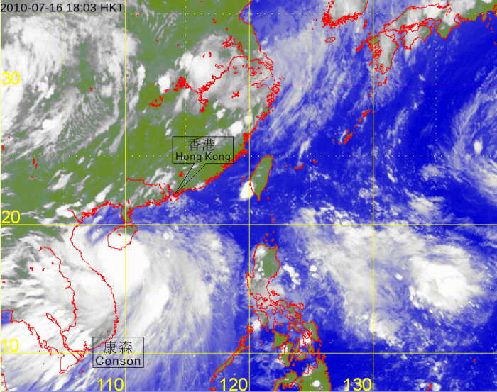 Infra-red satellite imagery at 6 p.m. on 16 July 2010 of Typhoon Conson