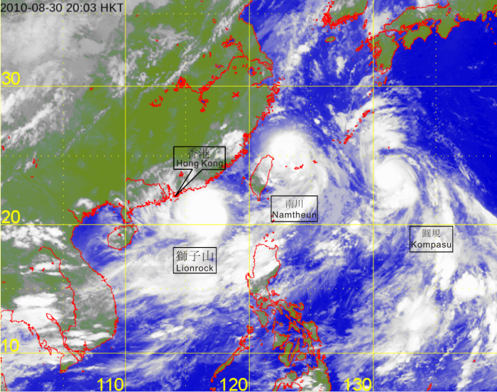 Infra-red satellite imagery at 8 p.m. on 30 August 2010 of Severe Tropical Storm Lionrock