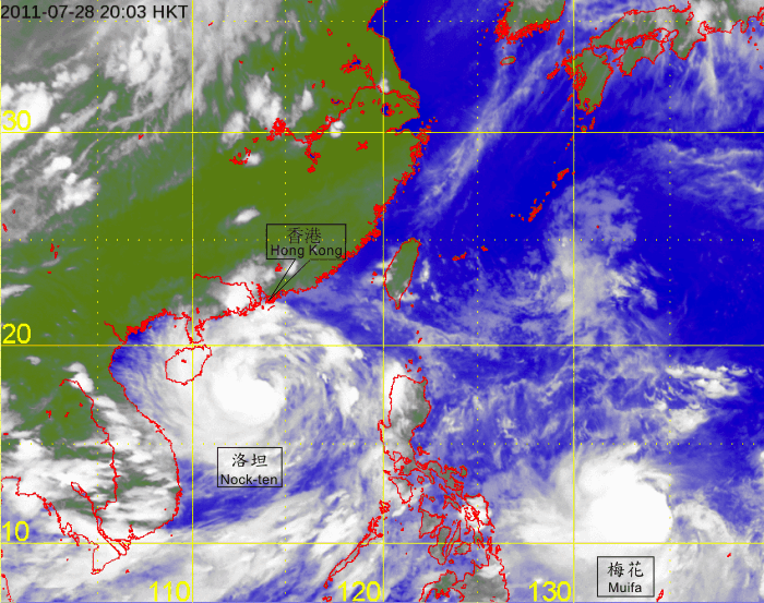 Infra-red satellite imagery at 8 p.m. on 28 July 2011 of Severe Tropical Storm Nock-ten.
