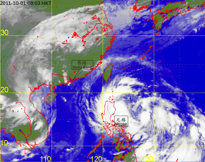 Infra-red satellite imagery at 8 a.m. on 1 October 2011 of Severe Typhoon Nalgae.
