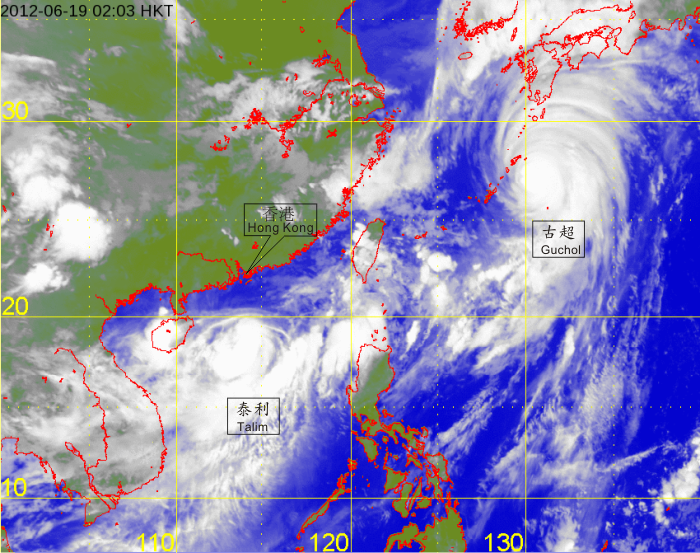 Infra-red satellite imagery of Severe Tropical Storm Talim at 2 a.m. on 19 June 2012