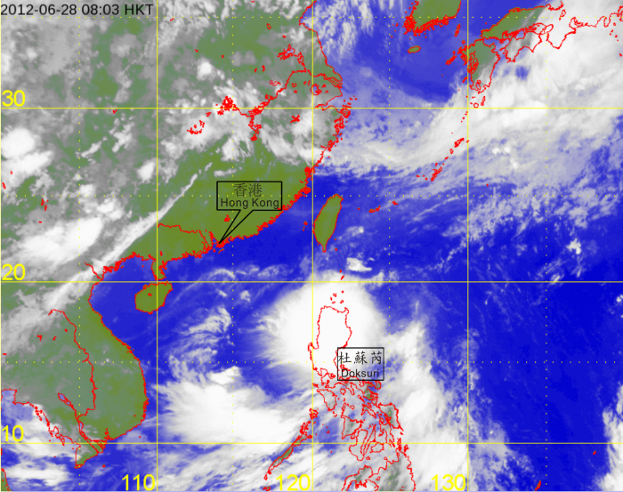 Infra-red satellite imagery of Tropical Storm Doksuri at 8 a.m. on 28 June 2012