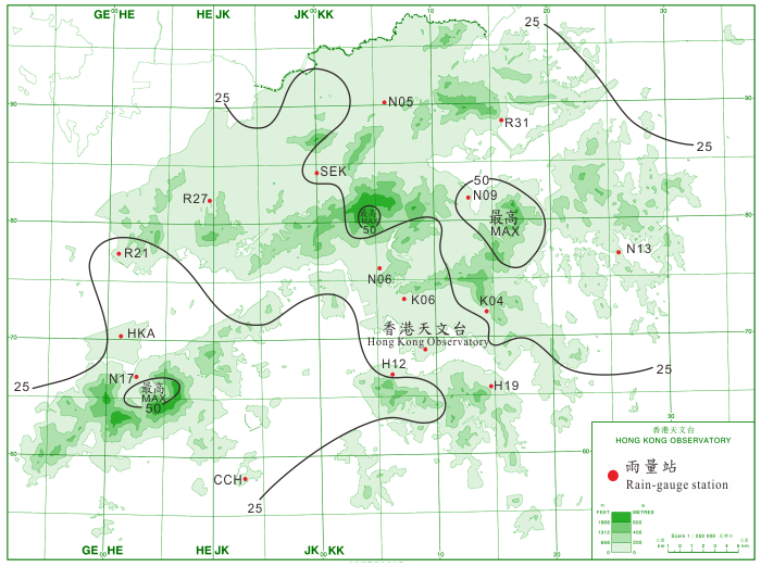 Rainfall distribution for 21 – 22 June 2013 (isohyets are in millimetres).