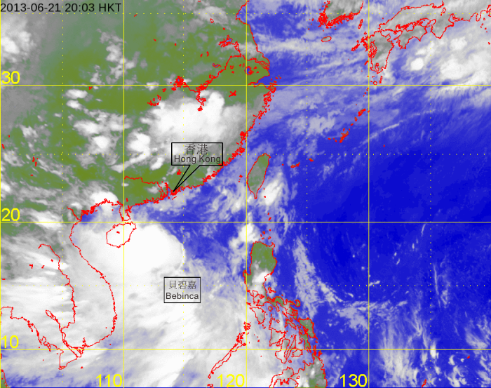 Infra-red satellite imagery at 8 p.m. on 21 June 2013 of Tropical Storm Bebinca at its peak intensity with estimated maximum sustained winds of 85 kilometres per hour near its centre.