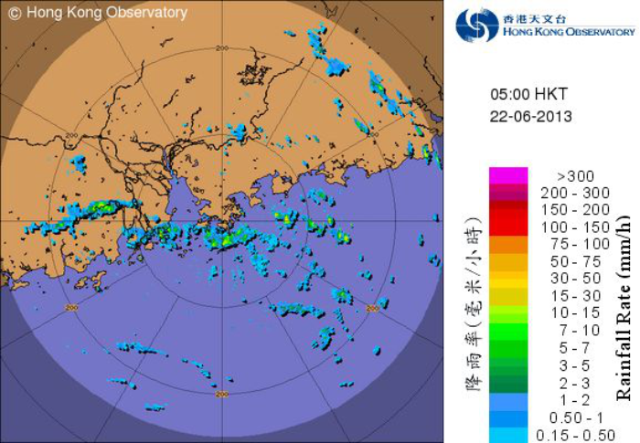 Radar echoes captured at 5 a.m. on 22 June 2013, when the outer rainbands of Tropical Storm Bebinca were affecting the southern part of Hong Kong.  The centre of Bebinca was located about 370 km to the south-southwest of Hong Kong at that time.