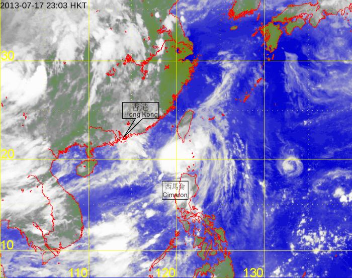 Infra-red satellite imagery at 11 p.m. on 17 July 2013, as Tropical Storm Cimaron reached its peak intensity with estimated maximum sustained winds of 65 kilometres per hour near its centre.