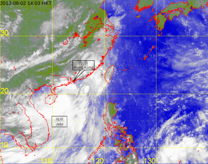 Infra-red satellite imagery at 2 p.m. on 2 August 2013 as Severe Tropical Storm Jebi reached its peak intensity with estimated maximum sustained winds of 105 km/h near its centre.