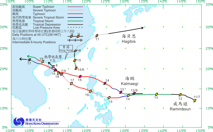 Tracks of the four tropical cyclones affecting Hong Kong in 2014.