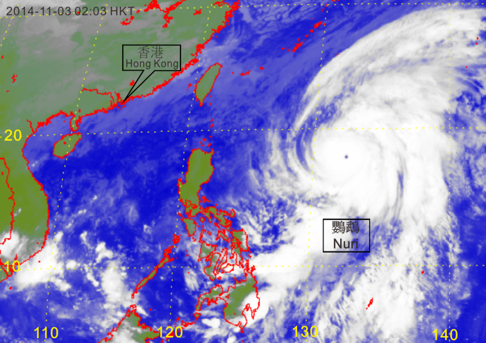 Infra-red satellite imagery of Super Typhoon Nuri (1420) at peak intensity at 2 a.m. on 3 November 2014. Nuri was centred over the western North Pacific about 1 260 km east-northeast of Manila with an estimated maximum sustained wind of 250 km/h and a minimum sea-level pressure of 905 hPa at that time. 