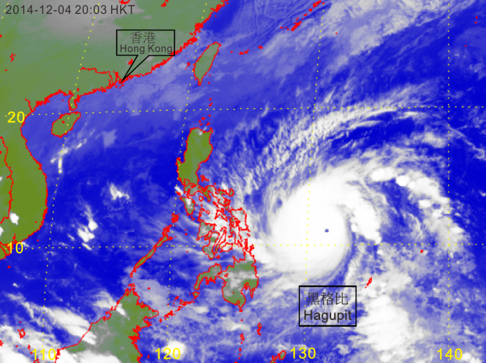 Infra-red satellite imagery of Super Typhoon Hagupit (1422) at peak intensity at 8 p.m. on 4 December 2014.