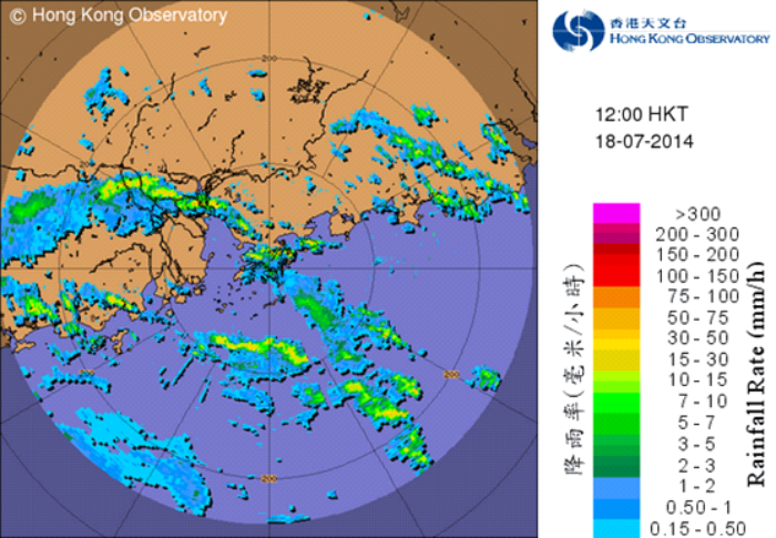 Image of radar echoes captured at noon on 18 July 2014 when Super Typhoon Rammasun was closest to Hong Kong with its centre about 390 km to the southwest. The outer rainbands of Rammasun were affecting the territory.