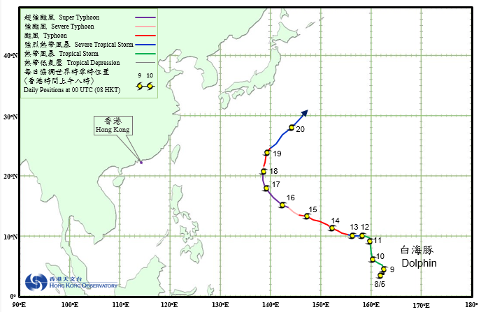 超强台风白海豚(1507)的路径图