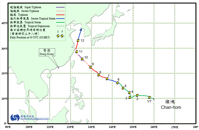 超强台风灿鸿(1509)的路径图