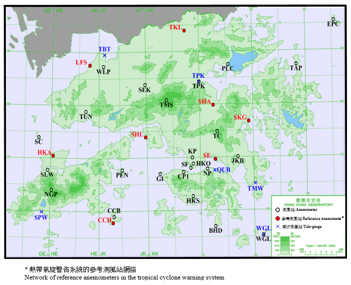 年報內提及的測風站及潮汐測量站之分佈地點。